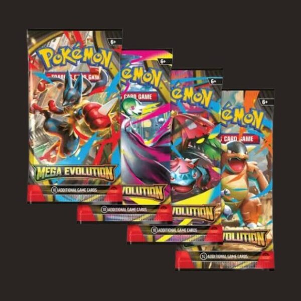Pokémon Mega Evolution booster pack med färgstark design och 10 engelska kort
