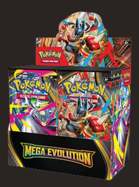 Pokémon Mega Evolution Booster Box med färgglad design och 24 booster packs