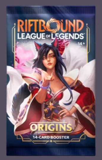 Booster pack från Riftbound med kort i olika raritet
