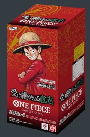 One Piece TCG OP-13 Booster Box med röd design och Monkey D. Luffy på omslaget.