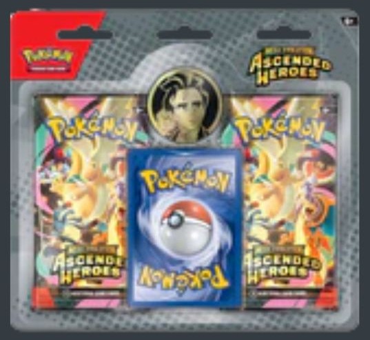 Förpackning med tre Ascended Heroes booster packs, promokort och coin.