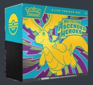 Ascended Heroes Elite Trainer Box med Dragonite-motiv i turkos och lila färger.