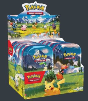 Pokémon Mini Tin med färgglada motiv av Pikachu och andra Pokémon i naturmiljö.