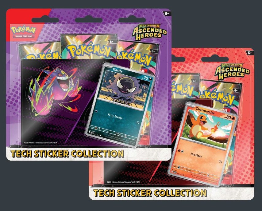 Ascended Heroes Tech Sticker Collection i två versioner med boosters, sticker och promokort.