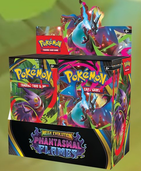 Pokémon Mega Evolution Phantasmal Flames Booster Box med 36 booster packs.