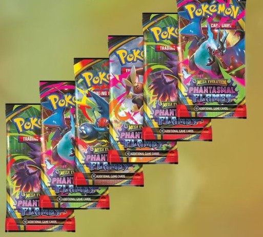 Pokémon Mega Evolution Phantasmal Flames Booster Pack med 10 kort.