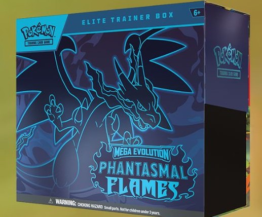 Pokémon Mega Evolution Phantasmal Flames Elite Trainer Box i blå design med Charizard.