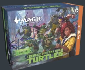 Magic The Gathering Teenage Mutant Ninja Turtles Bundle med turtles och April O’Neil på boxen