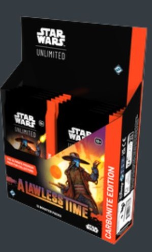 Star Wars Unlimited A Lawless Time Carbonite Booster Display på engelska med 12 Carbonite Edition booster packs.