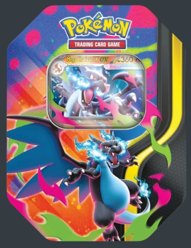 Pokémon TCG Mega Charizard X ex Tin på engelska med promo-kort synligt i förpackningens fönster.