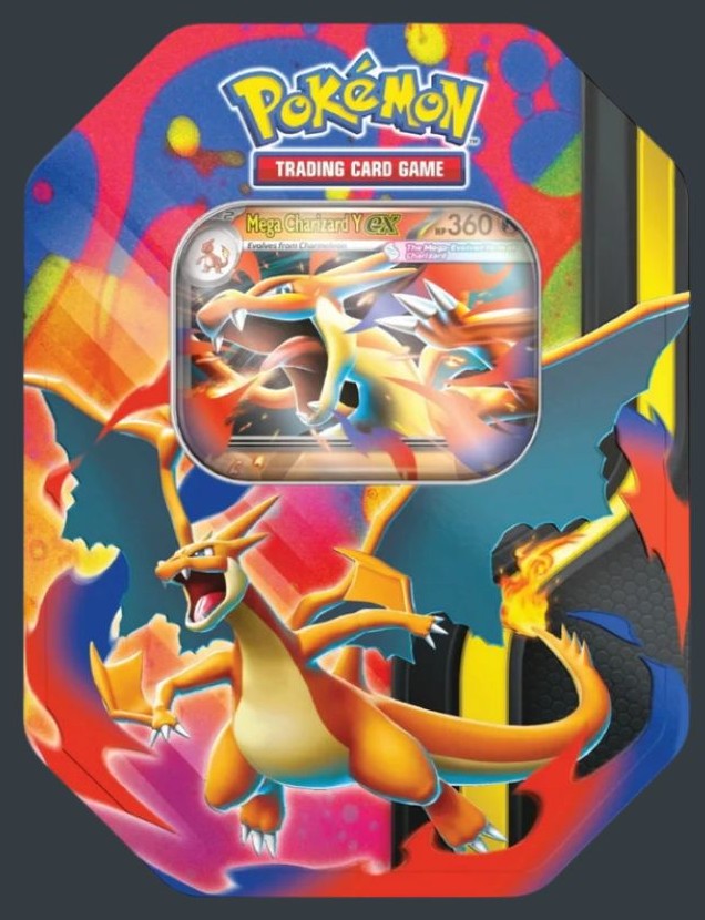 Pokémon TCG Mega Charizard Y ex Tin på engelska med promo-kort synligt i förpackningens fönster.