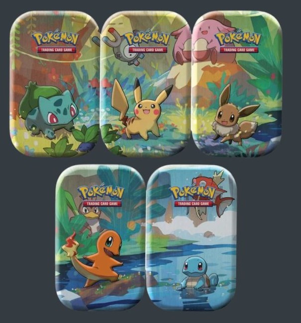 Pokémon TCG Kanto Friends Mini Tin på engelska med 2 booster packs, mynt och konstkort.