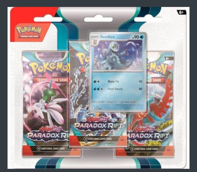 Pokémon TCG Scarlet & Violet Paradox Rift 3-Pack Blister på engelska med 3 booster packs och slumpmässigt promo-kort.