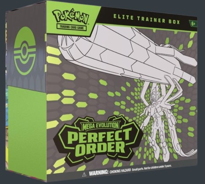 Pokémon TCG Mega Evolution Perfect Order Elite Trainer Box på engelska med 9 booster packs, Tyrunt promo-kort och tillbehör.