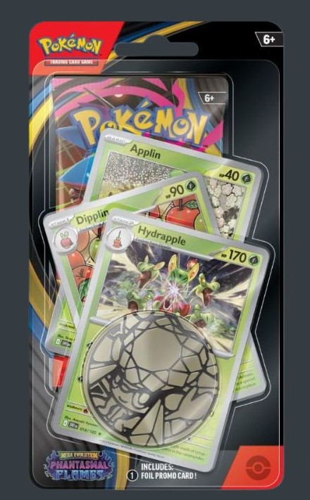 Pokémon TCG ME02 Phantasmal Flames Premium Checklane Blister Pack på engelska med 1 booster pack, 3 foil promo-kort och mynt.
