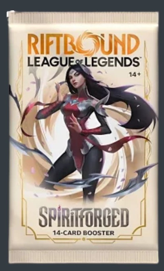 Riftbound Spiritforged Booster Pack på engelska med 14 kort och motiv från League of Legends.
