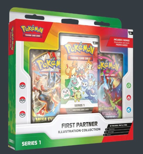 Pokémon First Partner Series 1 Illustration Collection Box med 3 promo cards, 2 booster packs och sticker sheet.