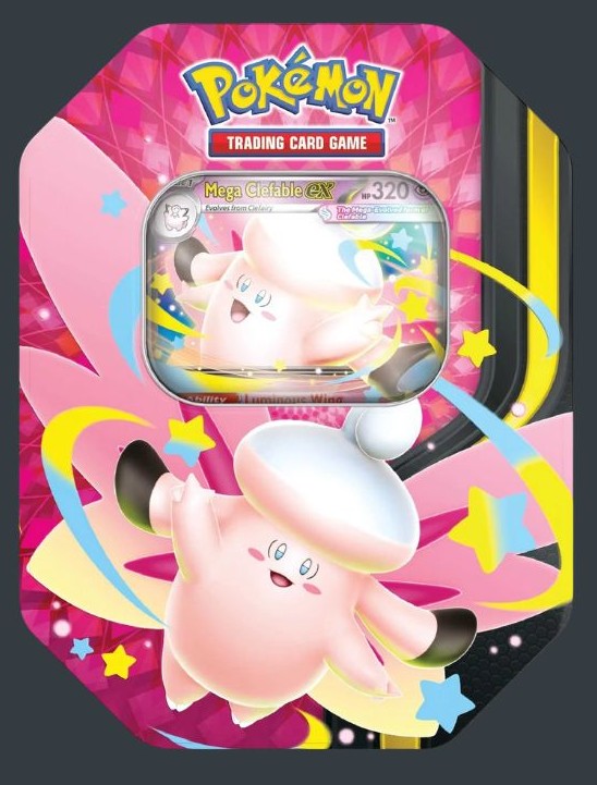 Pokémon TCG Mega Moonlit Tin Assortment med 4 booster packs och ett foil promo card med Mega Clefable ex.