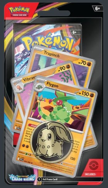 Pokémon TCG Chaos Rising Premium Checklane Blister på engelska med Flygon, Vibrava, Trapinch, 1 booster pack och mynt.