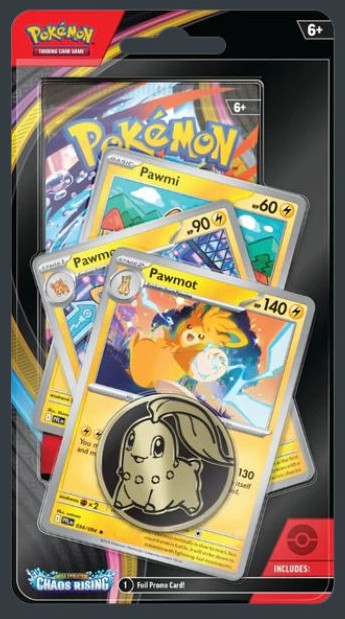 Pokémon TCG Chaos Rising Premium Checklane Blister på engelska med Pawmi, Pawmo, Pawmot, 1 booster pack och mynt.