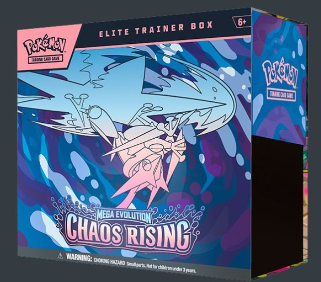Pokémon TCG Mega Evolution Chaos Rising Elite Trainer Box på engelska med 9 booster packs och Fennekin promo.