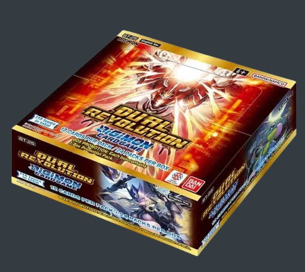 Digimon Card Game Dual Revolution Booster Box BT-25 på engelska med 24 booster packs och 12 kort per pack.