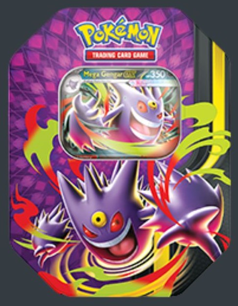 Pokémon TCG Mega Moonlit Tin Assortment med 4 booster packs och ett foil promo card med Mega Gengar ex.