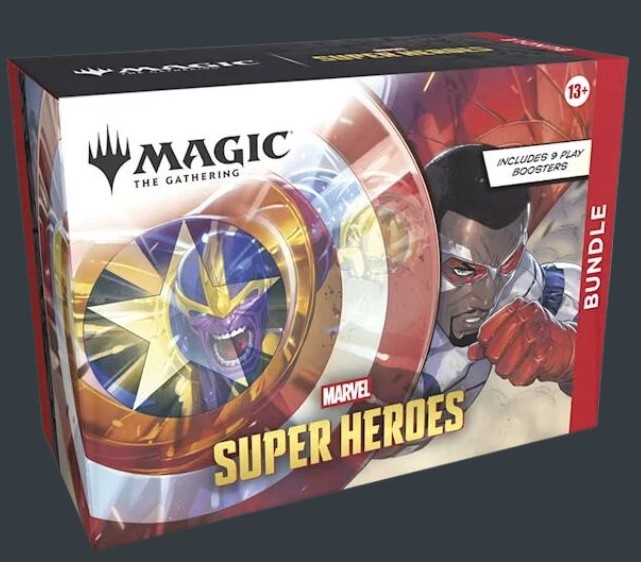 Magic The Gathering Marvel Super Heroes Bundle på engelska med 9 Play Boosters och bonusinnehåll.