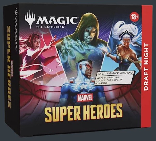 Magic The Gathering Marvel Super Heroes Draft Night på engelska med 12 Play Boosters och 1 Collector Booster.
